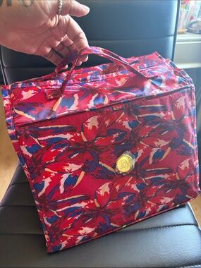 Joy Mangano Red Floral Travel Cosmetic Case with Gold Accent